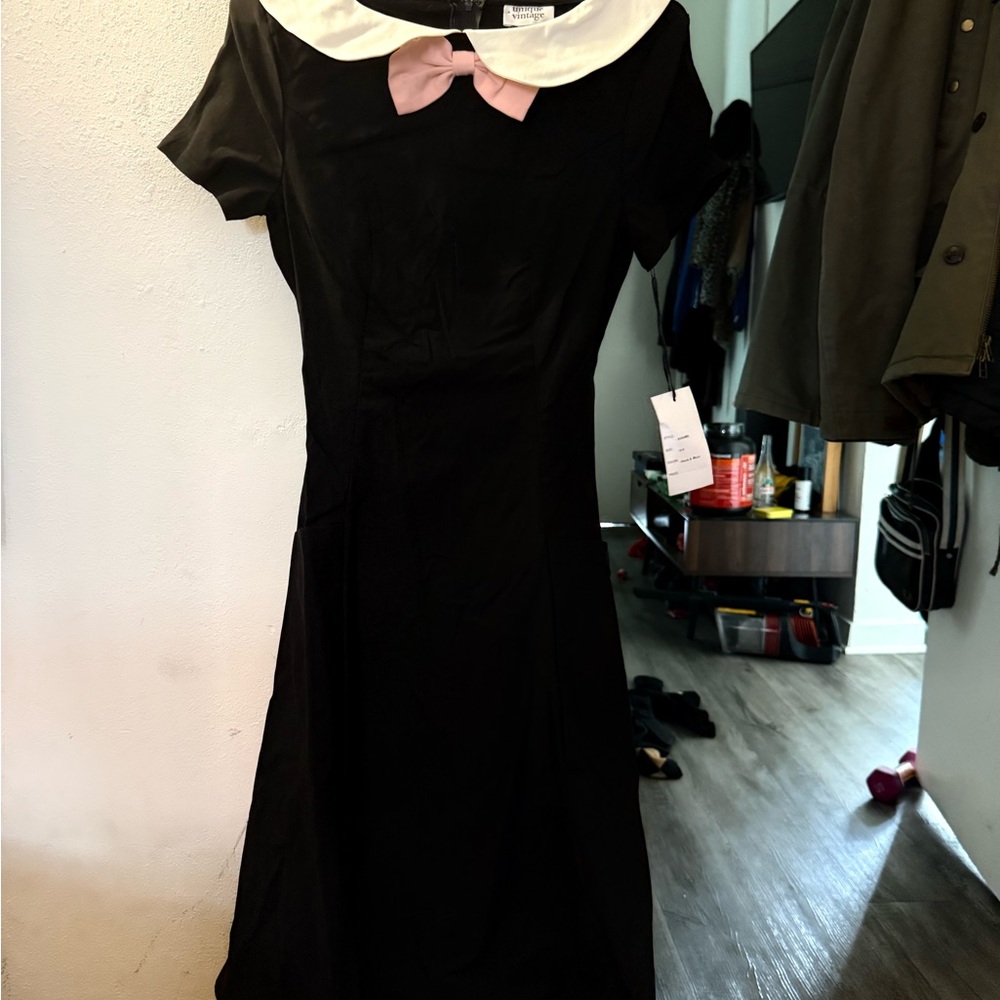 Unique Vintage Black A-Line Dress with Pink Peter Pan Collar